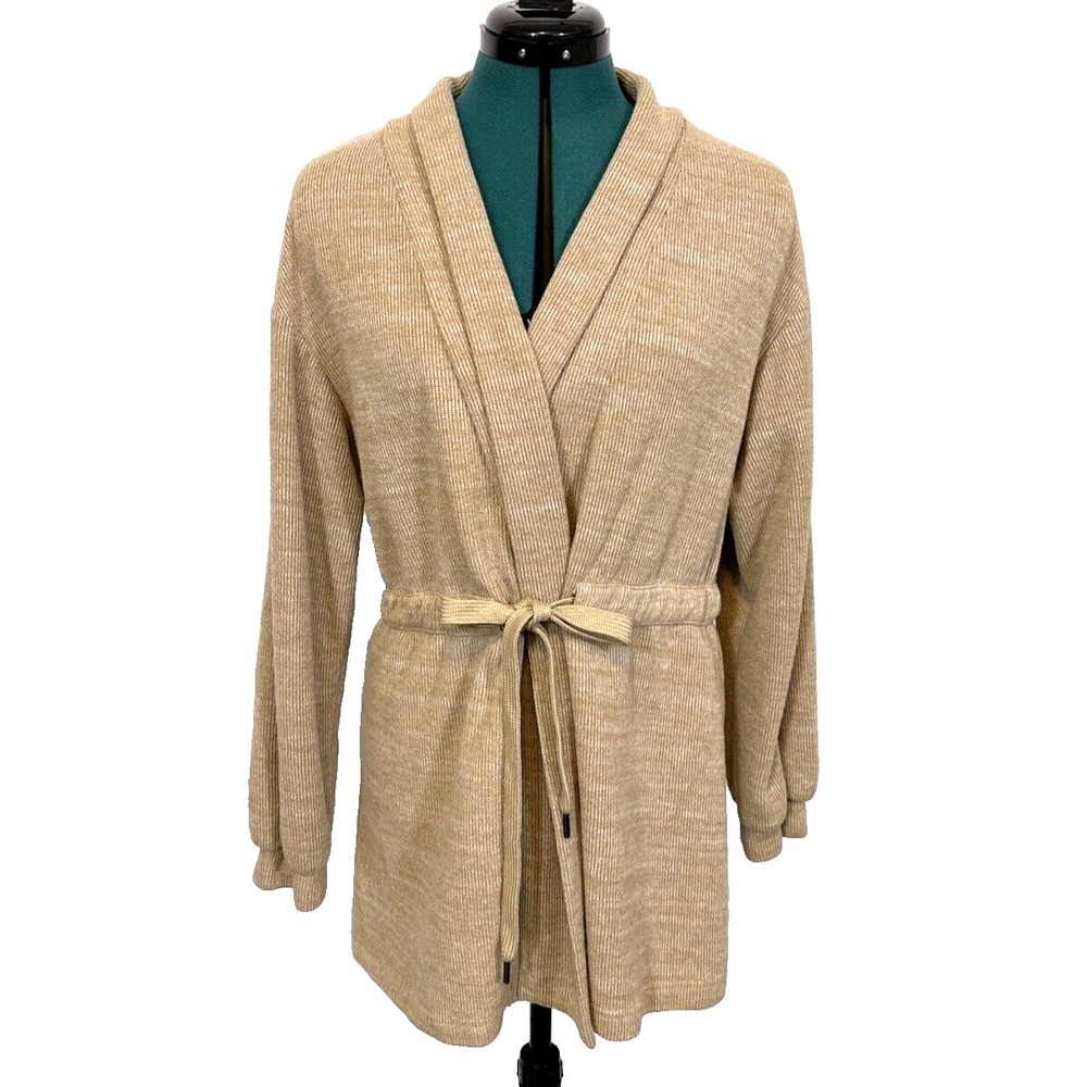 7 For All Mankind Cardigan Ribbed Belted Wrap Size M Tan Beige Robe Knit Sweater